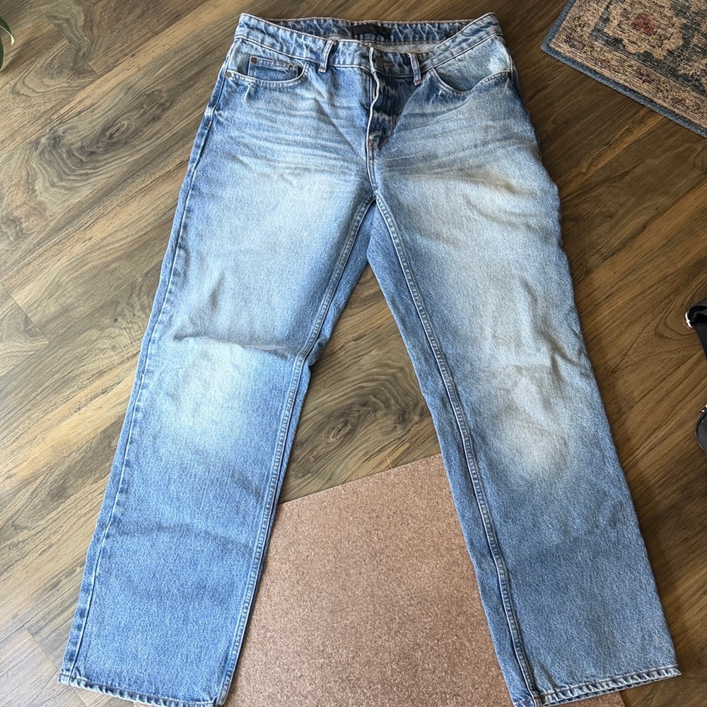 Zara Z1975 Wide-Leg Full-Length Denim Jeans in Mid-Blue